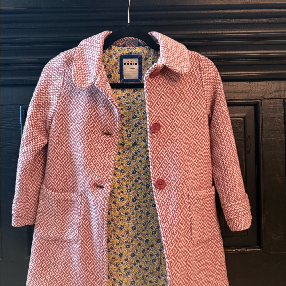 Mini Boden Pink Herringbone Kids Pea Coat